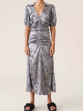 GANNI Silk‎ Stretch Satin Silver Dress sz 36/ US S $575
